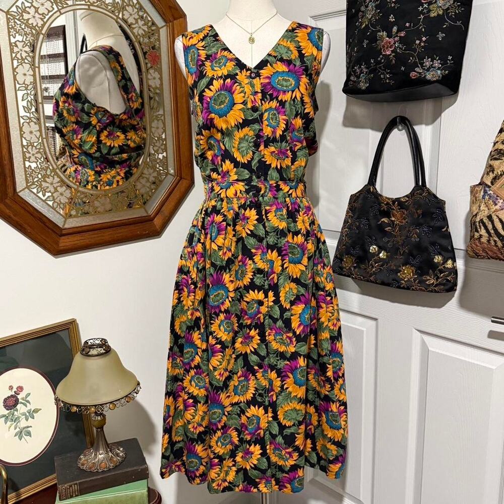 90s Woolrich Black, Yellow, Purple Sunflower Print V Neck Button Down Midi Dress